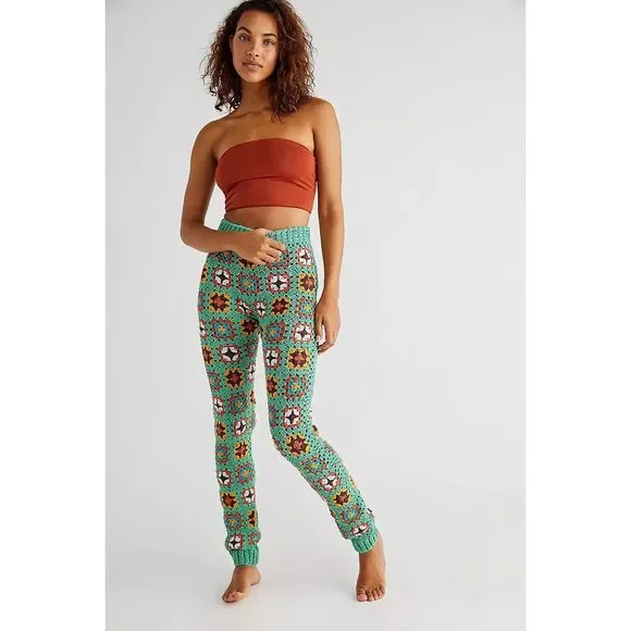 New Free People x FLOOK Claire Crochet Leggings In Green Combo sz XS - Picture 1 of 4